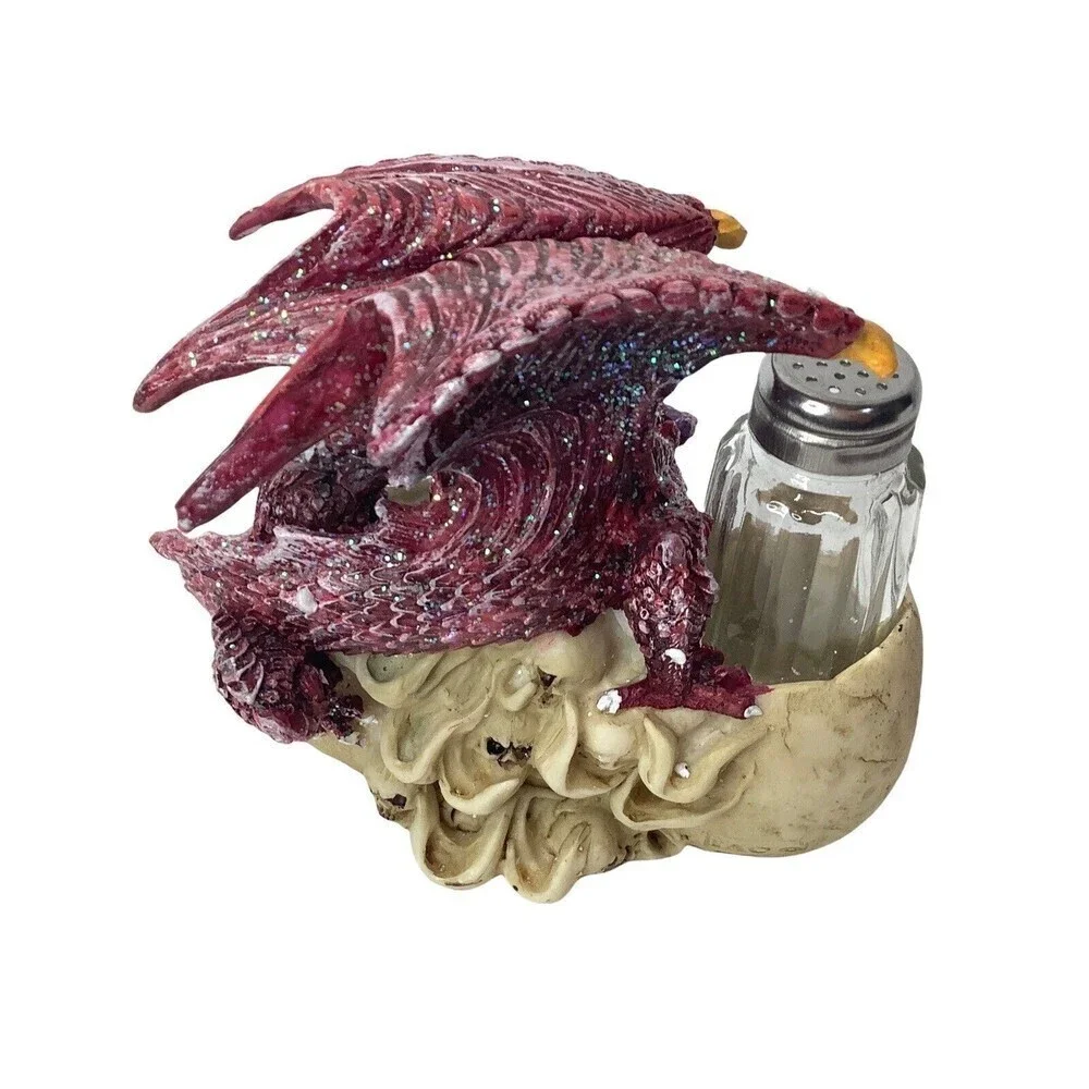 SALT & Pepper‎ Shaker Set Medieval Purple Dragon and Skulls holder